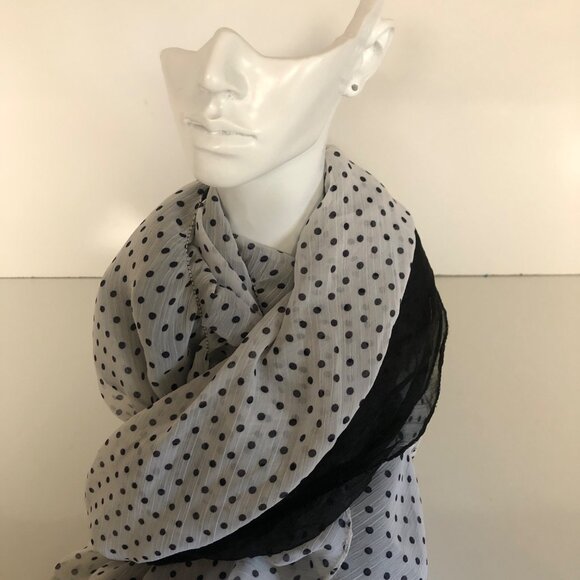 Dual Black White Polka Dot Sheer Lightweight Scarf 12x103 inch Versatile - Picture 4 of 6